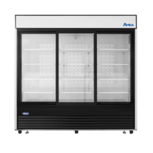 Atosa MCF8729GR 88" 3-Door Sliding Glass Door Merchandiser Refrigerator, Black Exterior