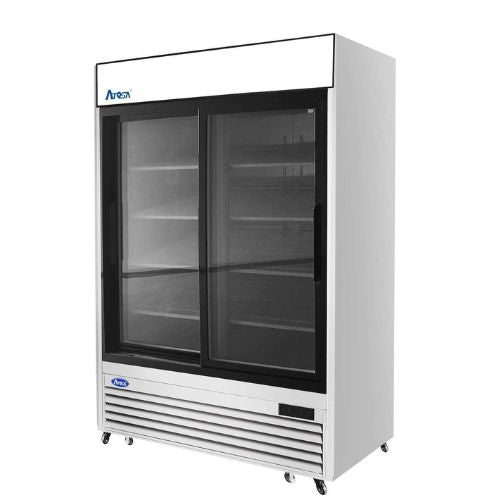Atosa MCF8709GR 54" 2-Section Sliding Glass Door Merchandiser Refrigerator, Stainless Steel - angled side view