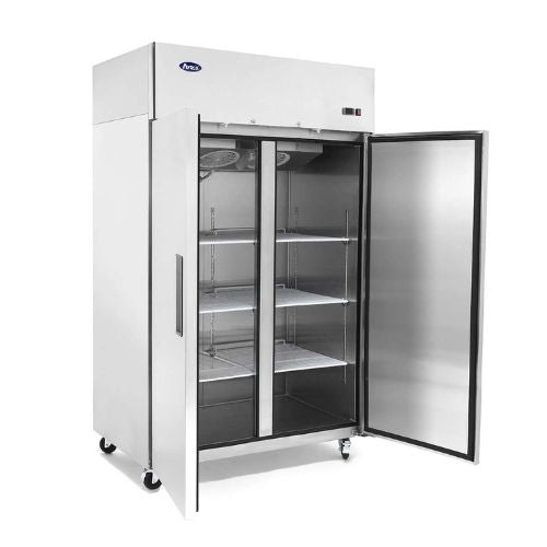 Atosa MBF8129GR 52" 2-Section Top Mount Dual Temp Reach-In Refrigerator/Freezer - angled view with doors open