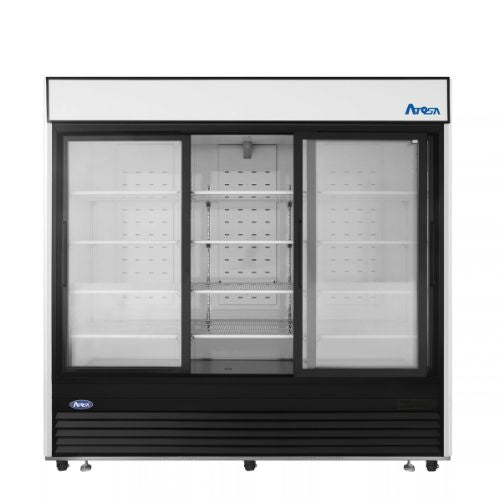 Atosa MCF8729GR 88" 3-Door Sliding Glass Door Merchandiser Refrigerator, Black Exterior - sliding door open showing interior shelving