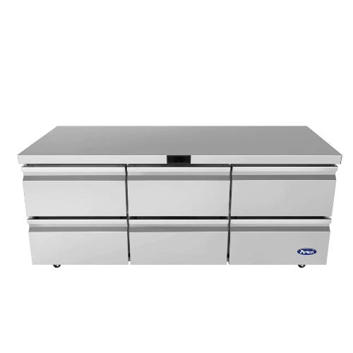 Atosa AUR72D6 72" Six-Drawer Undercounter Refrigerator - elevated view showing stainless steel top