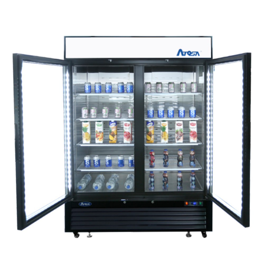 Atosa MCF8732GR 40" 2-Door Glass Door Merchandiser Freezer, Black Exterior - doors open showing interior shelving