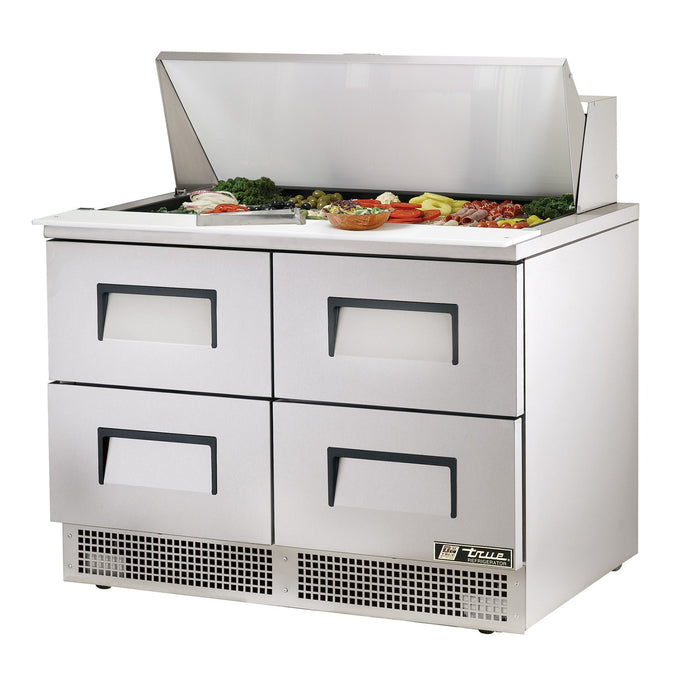 True TFP-48-18M-D-4 48" 2-Section 4-Drawer 18-Pan Refrigerated Sandwich Prep Mega Top