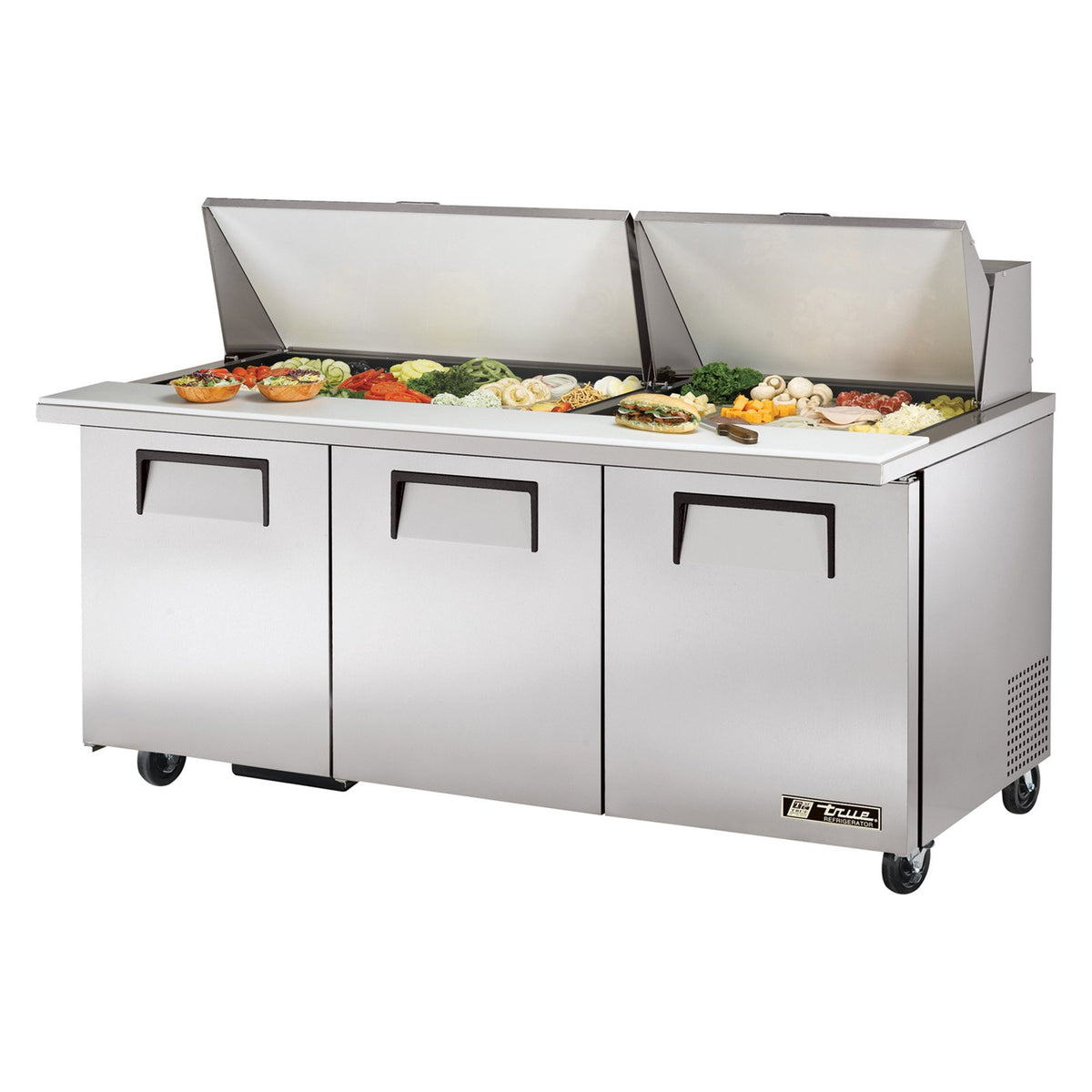 True TSSU-72-30M-B-ST-HC 72" 3-Section 30-Pan Refrigerated Sandwich Prep Mega Top